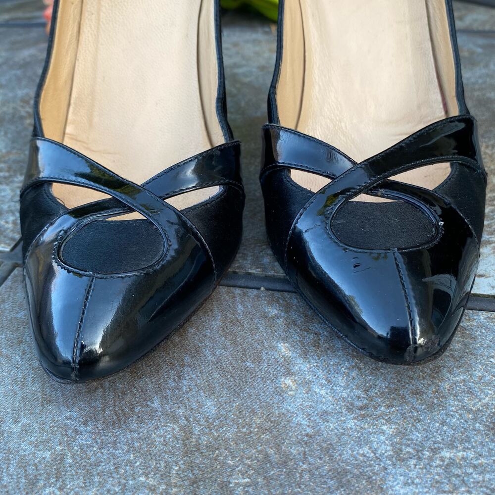 Fendi Black Satin & Patent Leather Stiletto Pumps Size 8.5 Luxury - Picture 2 of 9